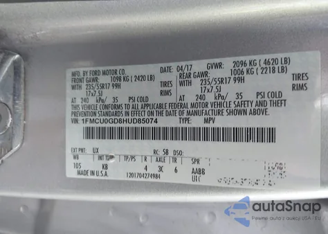 2017 Ford Escape Se z USA, uszkodzony, nr VIN 1FMCU0GD8HUD85074